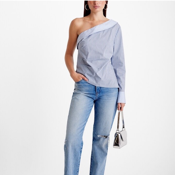 EXPRESS Poplin Striped One Shoulder Draped Top - Picture 4 of 8